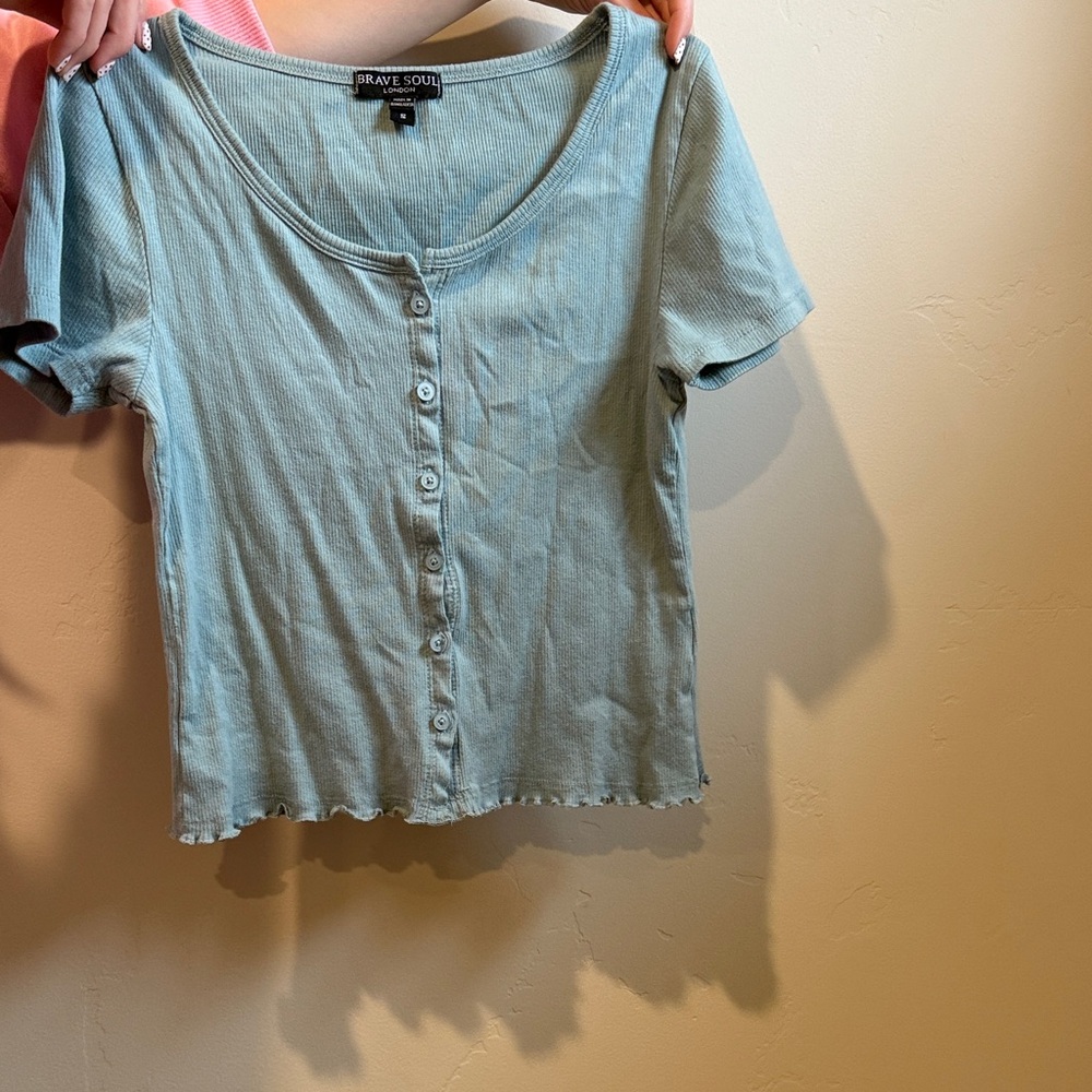Brave Soul Light Blue Ribbed Short Sleeve Top